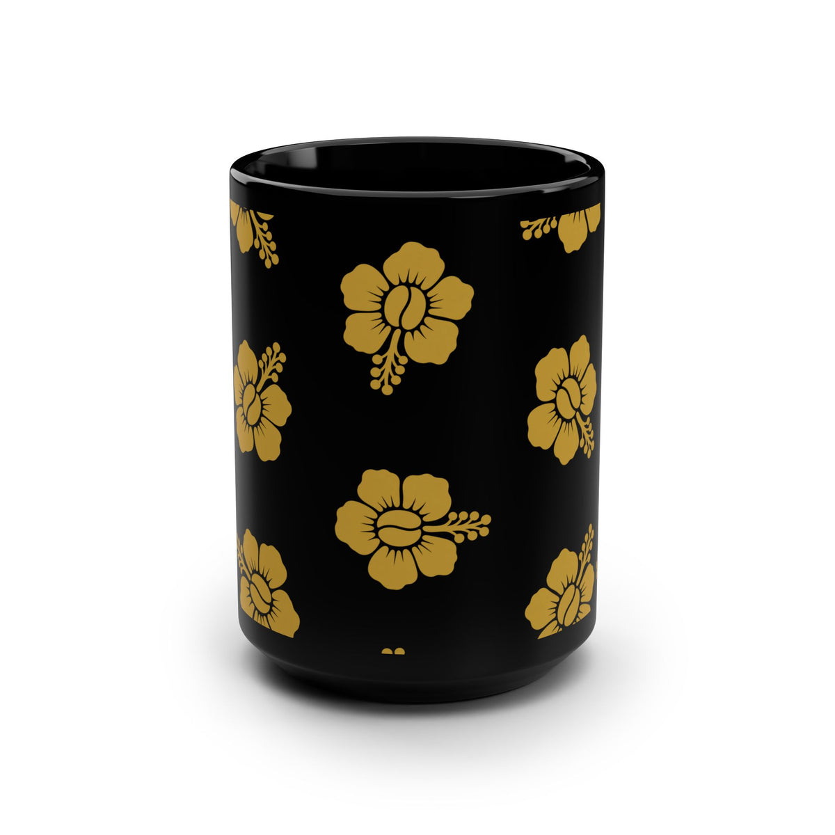 Hibiscus Pattern Black 15oz Mug — Gold Floral Hawaiian Coffee Cup