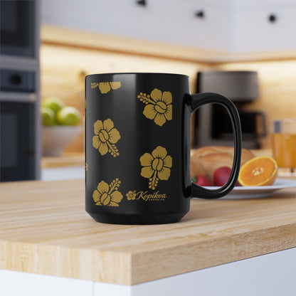 Hibiscus Pattern Black 15oz Mug — Gold Floral Hawaiian Coffee Cup