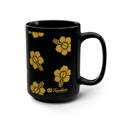 Hibiscus Pattern Black 15oz Mug — Gold Floral Hawaiian Coffee Cup