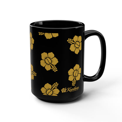 Hibiscus Pattern Black 15oz Mug — Gold Floral Hawaiian Coffee Cup