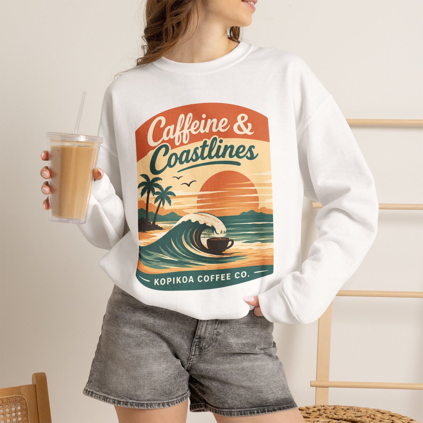 Kopikoa Caffeine and Coastlines – Unisex Crewneck Sweatshirt