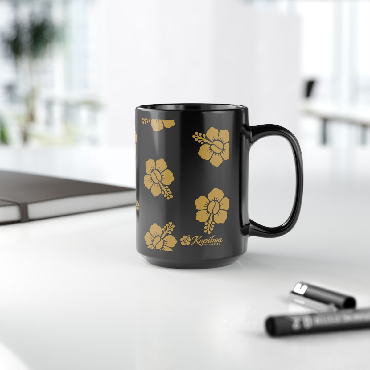 Hibiscus Pattern Black 15oz Mug — Gold Floral Hawaiian Coffee Cup