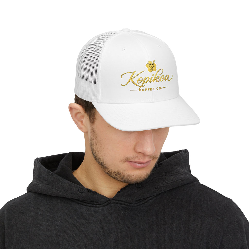 Kopikoa Coffee Co. Embroidered Trucker Hat — Vintage Floral Snapback