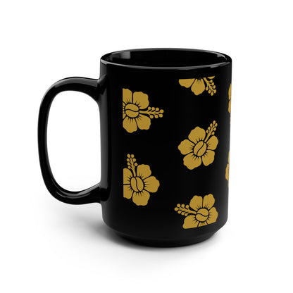 Hibiscus Pattern Black 15oz Mug — Gold Floral Hawaiian Coffee Cup