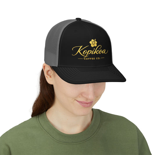 Kopikoa Coffee Co. Embroidered Trucker Hat — Vintage Floral Snapback