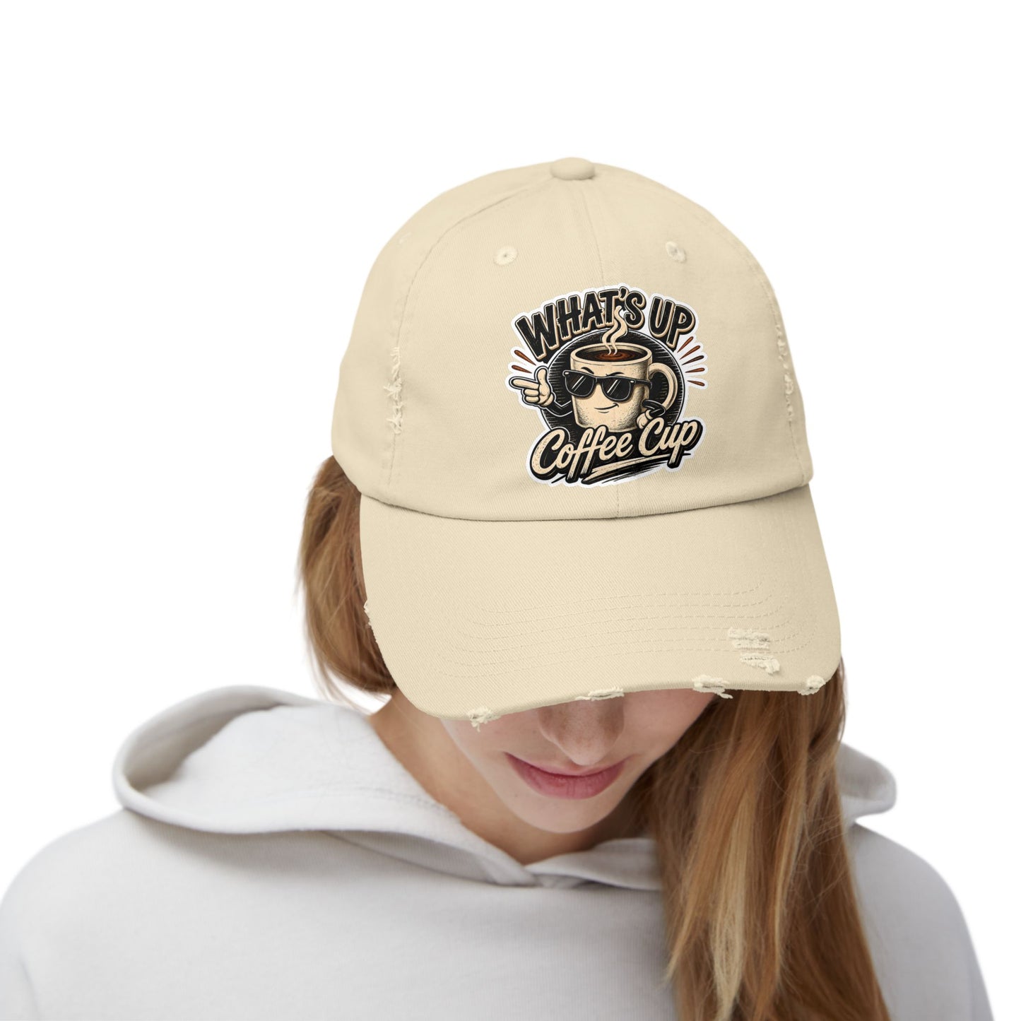 Kopikoa "What's Up Coffee Cup" Distressed Cap — Vintage Coffee Hat