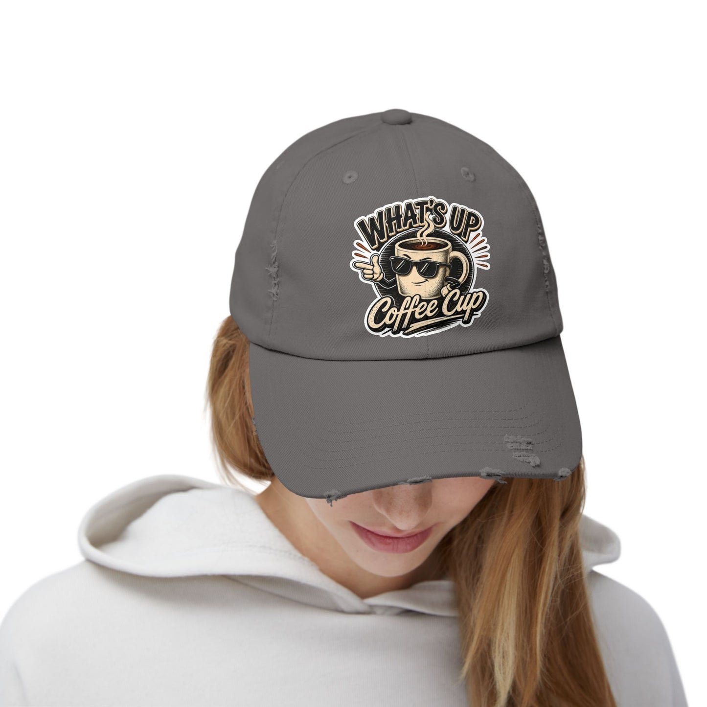 Kopikoa "What's Up Coffee Cup" Distressed Cap — Vintage Coffee Hat