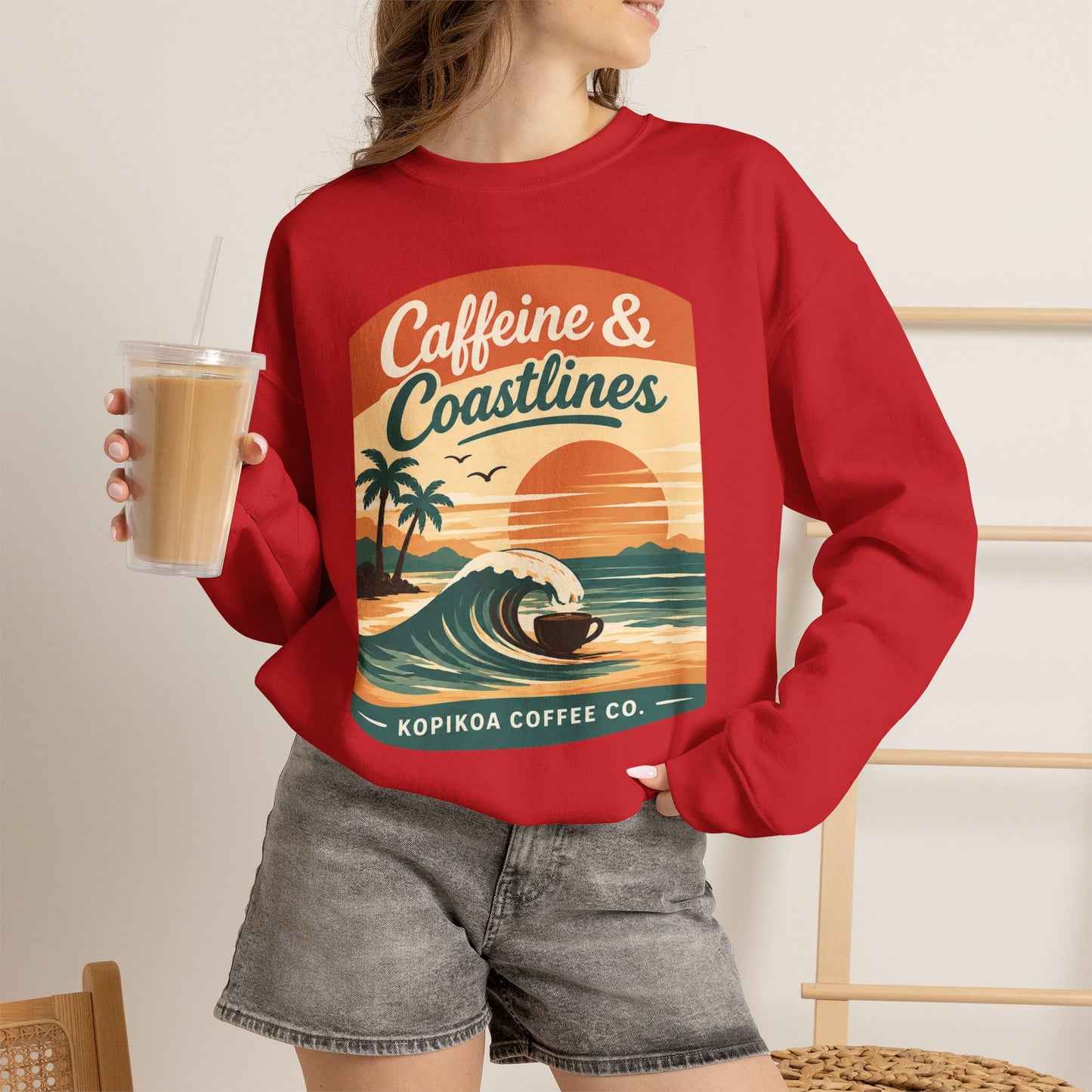 Kopikoa Caffeine and Coastlines – Unisex Crewneck Sweatshirt