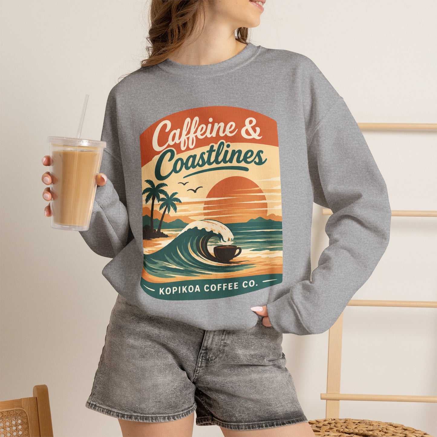 Kopikoa Caffeine and Coastlines – Unisex Crewneck Sweatshirt