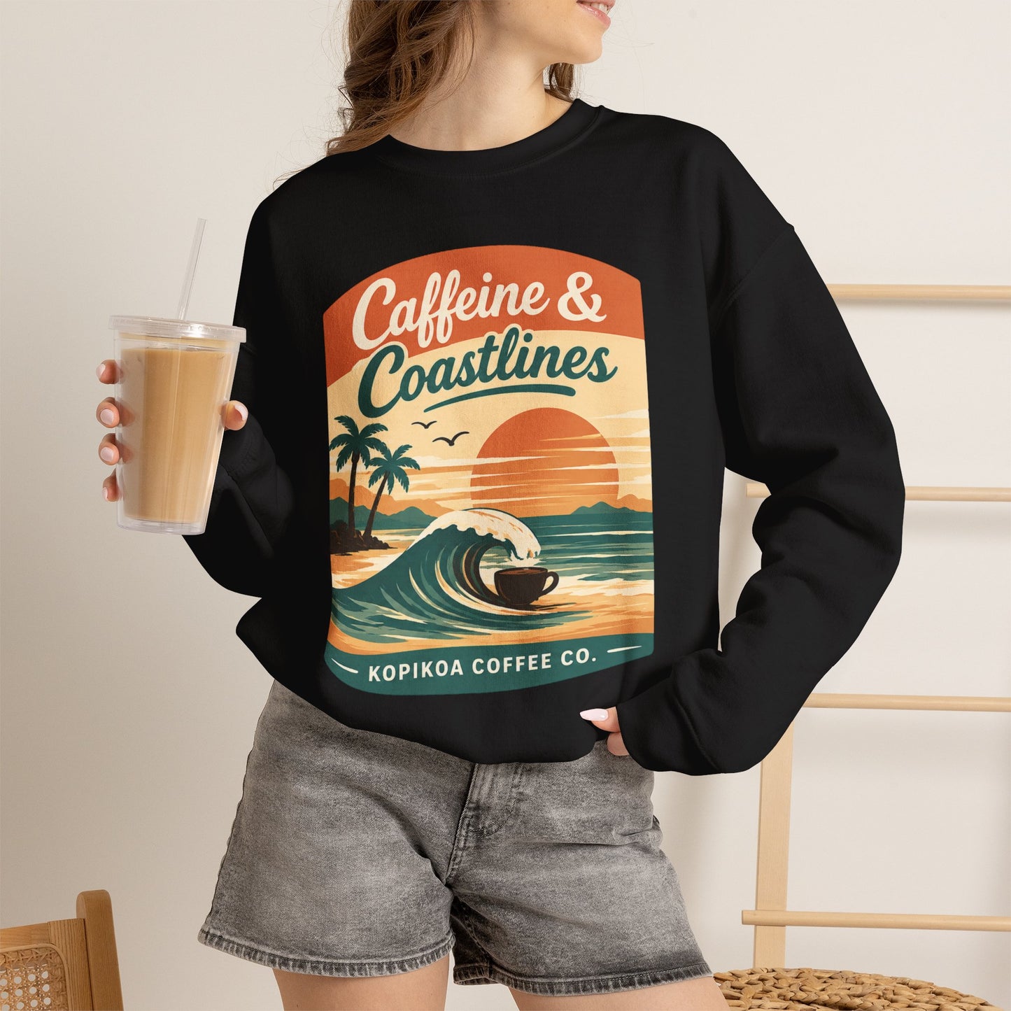 Kopikoa Caffeine and Coastlines – Unisex Crewneck Sweatshirt