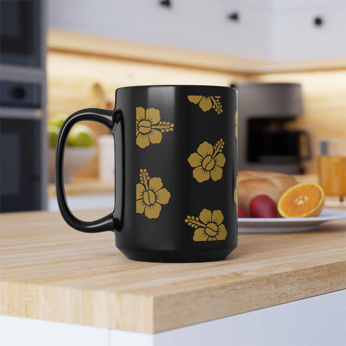 Hibiscus Pattern Black 15oz Mug — Gold Floral Hawaiian Coffee Cup