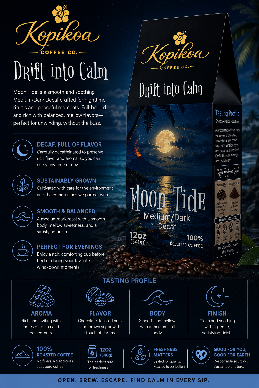 Kopikoa Moon Tide – Medium Dark Decaf Coffee