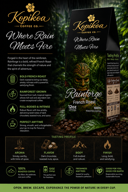 Kopikoa Rainforge – Dark French Roast Coffee | Tiki Guardian Collection