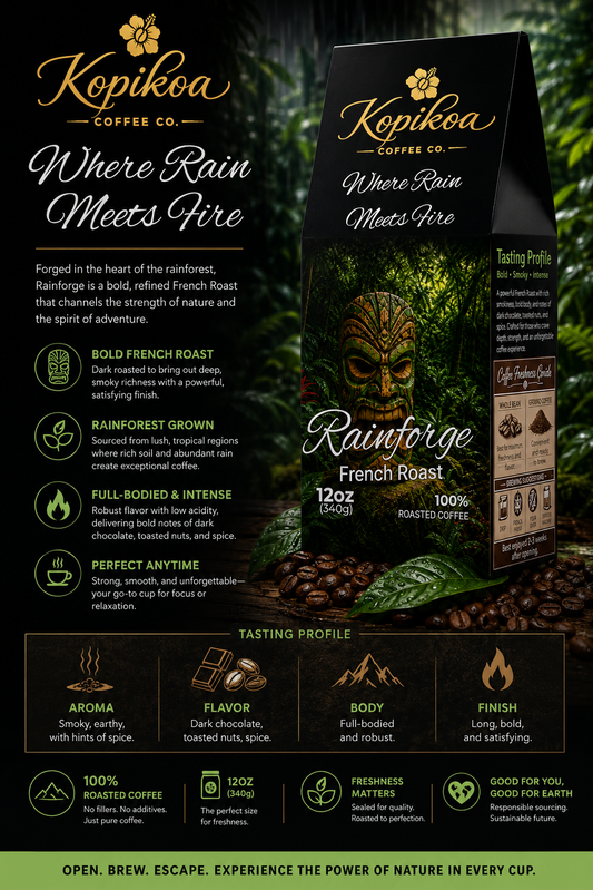 Kopikoa Rainforge – Dark French Roast Coffee | Tiki Guardian Collection