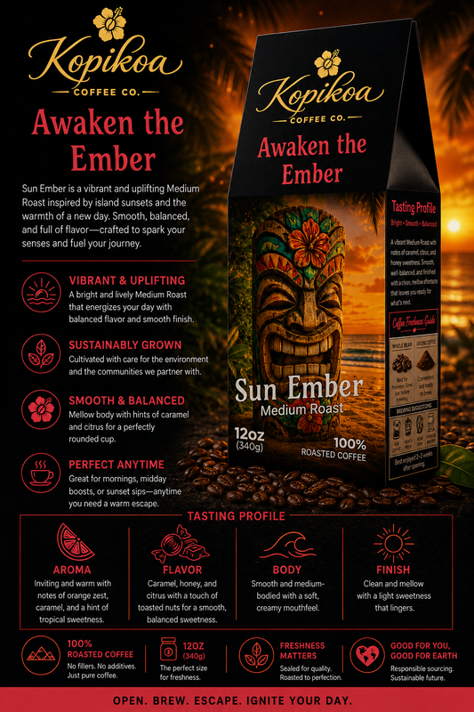 Kopikoa Sun Ember – Medium Roast Coffee Blend | Tiki Guardian Collection